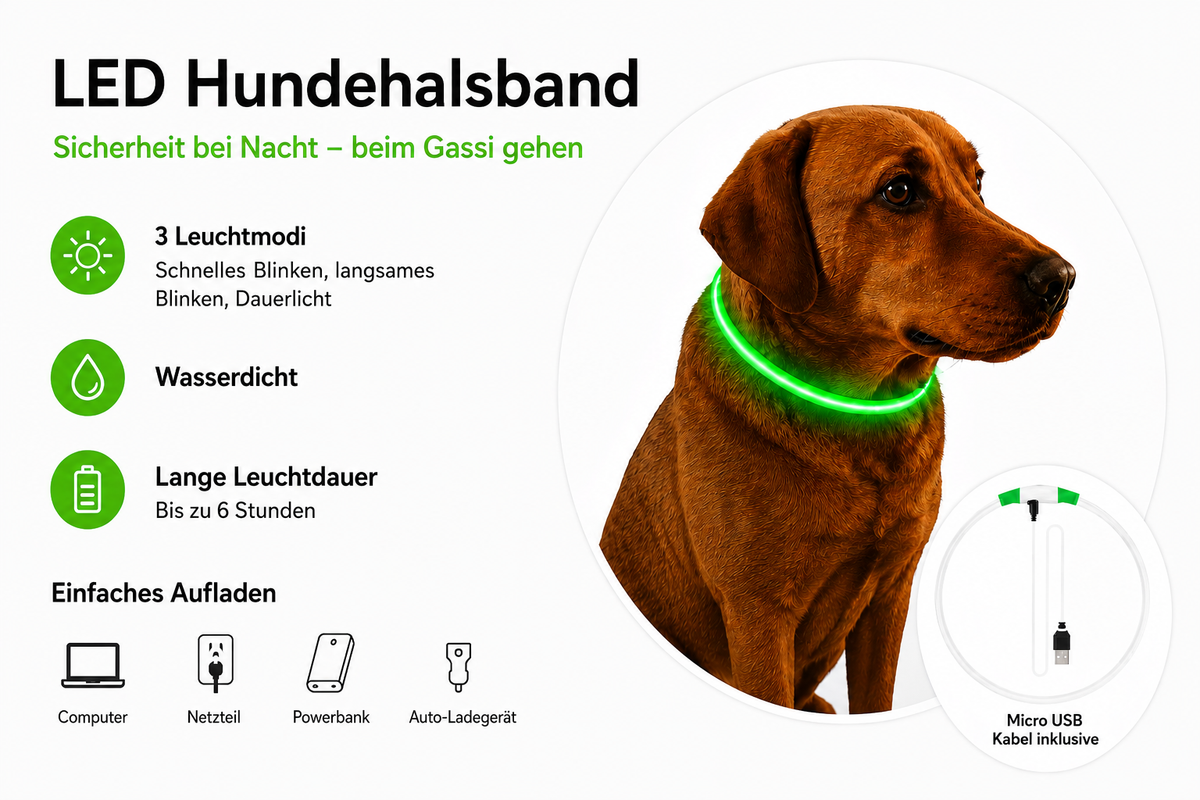 LED-Hundehalsband – wiederaufladbar, individuell kürzbar & wasserabweisend