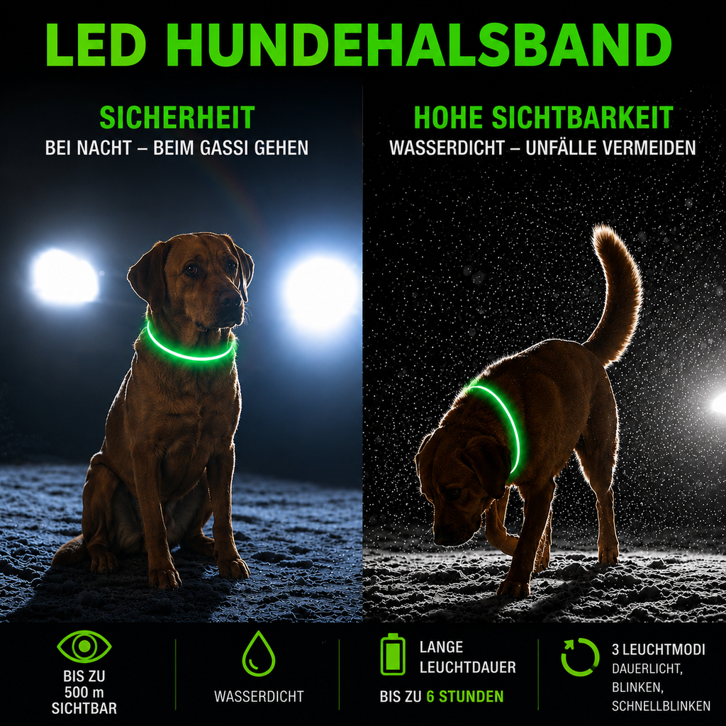 LED-Hundehalsband – wiederaufladbar, individuell kürzbar & wasserabweisend